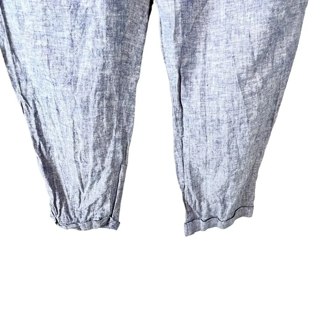 Zara‎ Blue Linen Blend Tie Waist Tapered Pants Womens Small High Rise Cuffed Hem